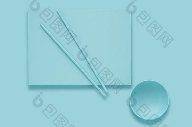 有<strong>创意</strong>的概念健康饮食亚洲日本食物照片画盘子菜餐具筷子蓝色的背景