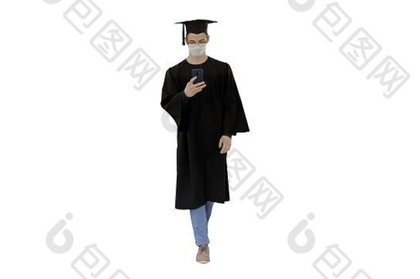 年轻的男人。毕业礼服走医疗面具高中