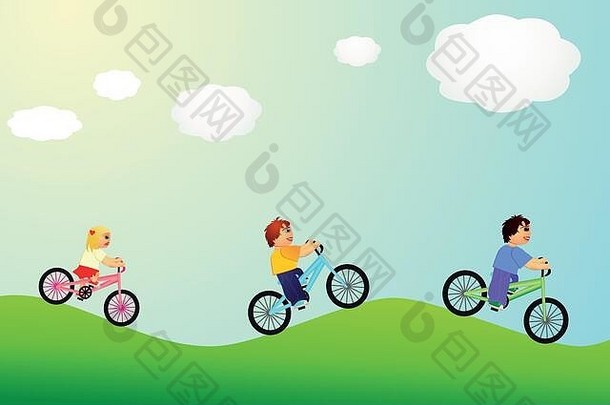 孩子们骑自行车男孩女孩太阳