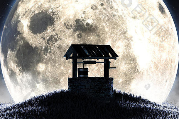 概念图像显示祝长满草的山晚上前面完整的月亮布满星星的晚上背景渲染