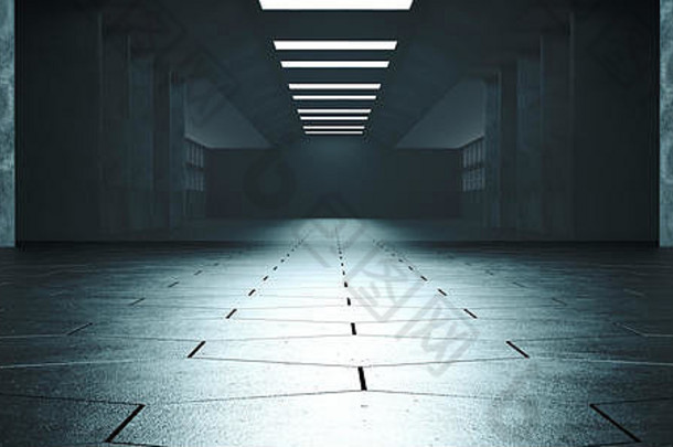 光滑的sci空黑暗混凝土现代未来主义的外星人六角地板上走廊空<strong>隧道</strong>反射白色<strong>蓝色</strong>的天花板灯渲染