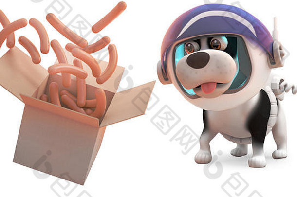 可爱的小狗狗穿宇航服手表香肠浮动盒子插图渲染