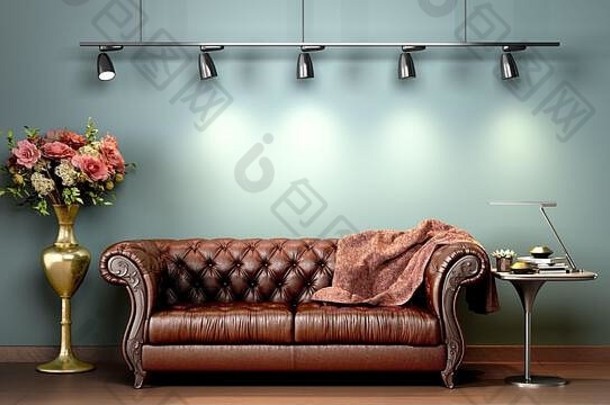 简单的房间室内渲染棕色（的）皮革沙发darck风格渲染图像