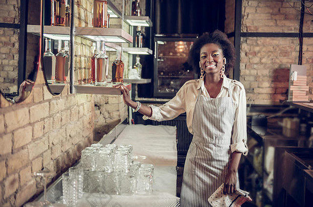 微笑迷人的黑头发的非裔美国人女服务员站酒吧