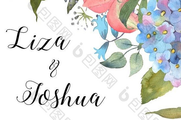 婚礼花背景盛开的蓝色的绣球花叶子手画水彩优秀的邀请打印