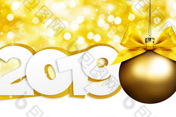 快乐一年卡圣诞节金球文本黄金缎丝带弓模糊圣诞节灯背景