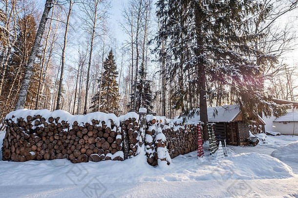 柴火堆放桩覆盖雪把树干高山小屋冬天森林