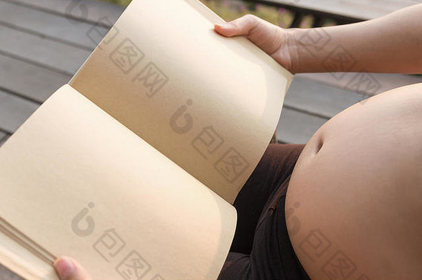 怀孕了女人开放棕色（的）空白笔记本肚子椅子山日落时间期望概念
