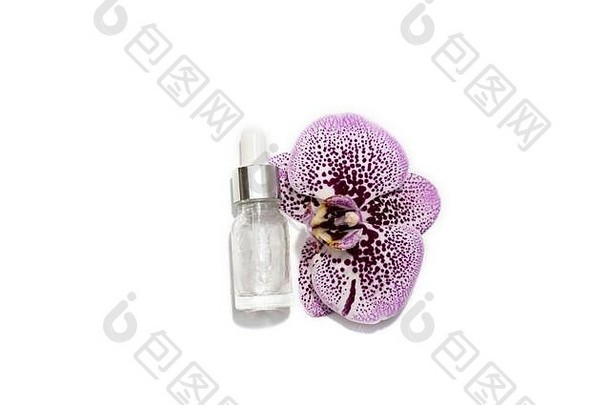 化妆品瓶美丽的紫色的兰花孤立的白色背景自然化妆品概念