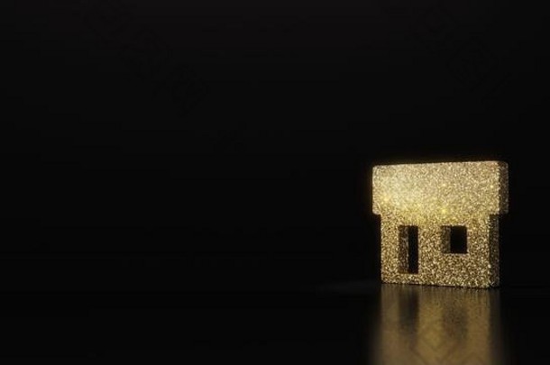黄金闪闪发光的象征房子直屋顶呈现黑暗黑色的背景模糊反射闪光