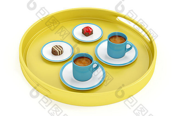 塑料托盘表示咖啡杯巧克力糖果白色背景
