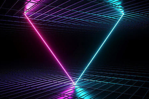 sci未来主义的阶段跳舞霓虹灯发光的紫色的<strong>蓝色</strong>的粉红色的三角形形状的倾斜的行黑暗空金属反光网表面<strong>隧道</strong>房间大厅