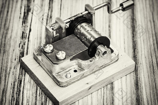 音乐盒子木背景复古的风格音乐的仪器黑色的白色照片