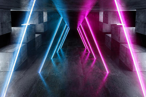 霓虹灯灯三角形图形发光的紫色的蓝色的充满活力的虚拟sci未来主义的隧道工作室阶段建设车库讲台上宇宙飞船晚上黑暗