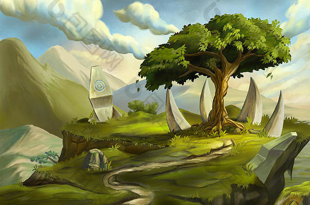 神圣的树幻想景观数字插图
