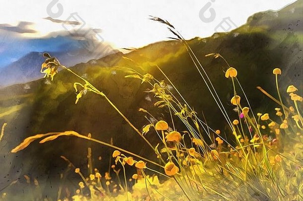风景山景观高加索地区山色彩斑斓的绘画