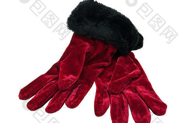 红色的天鹅绒手套黑色的皮毛修剪路径包括