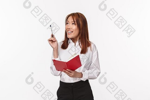 业务金融职业生涯概念成功的年轻的优雅的亚洲夫人白色衬衫使计划思考建筑图片心提高笔