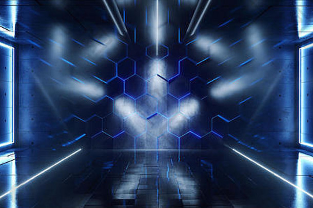 sci霓虹灯未来主义的蓝色的冷俱乐部阶段房间大厅显示充满活力的虚拟现实激光梁领导灯发光的反射黑暗发光的荧光