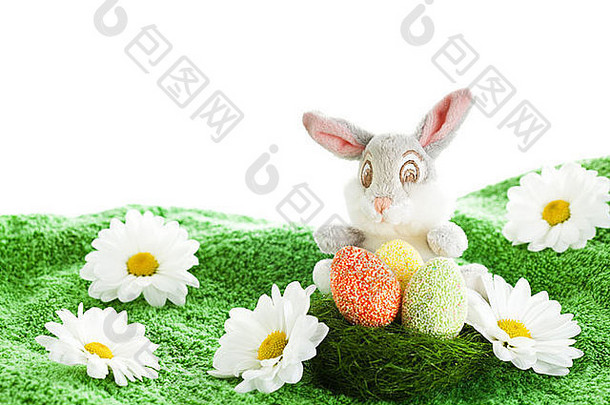 有趣的复活节兔子玩具鸡蛋草地