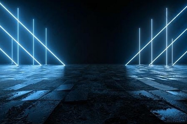 宇宙sci未来主义的潘通色卡蓝色的霓虹灯现代激光难看的东西粗糙的水泥平铺的混凝土地板上三角形形状的灯充满活力的电网络虚拟