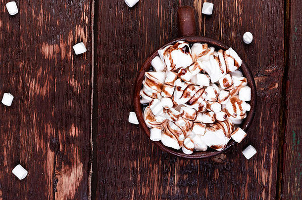 热巧克力棉花糖棕色（的）杯木背景复制空间