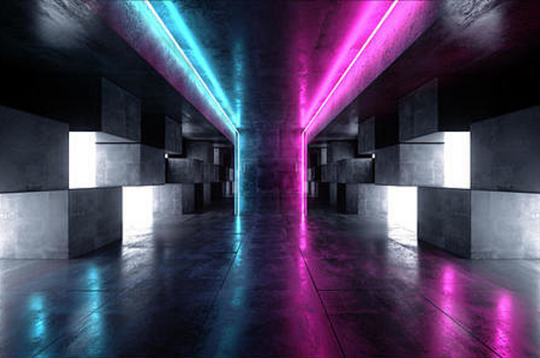霓虹灯灯图形发光的紫色的蓝色的充满活力的虚拟sci未来主义的隧道工作室阶段建设车库讲台上宇宙飞船晚上黑暗混凝土