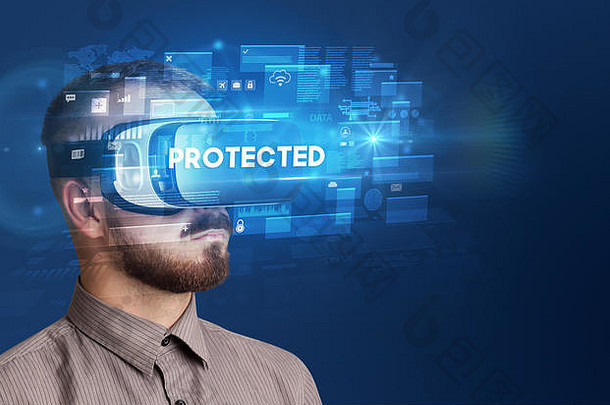 商人虚拟现实眼镜受保护的登记创新安全概念