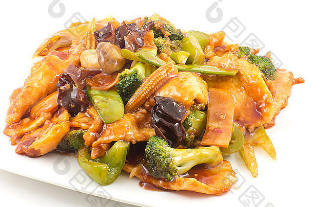 yu-shiang鸡大蒜酱汁炒混合中国人蔬菜