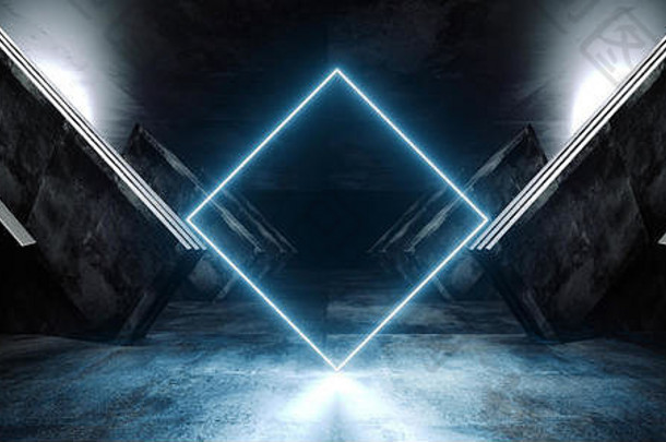 矩形未来主义的激光霓虹灯发光的蓝色的sci黑暗空宇宙飞船外星人走廊隧道反光混凝土难看的东西充满活力的虚拟现实模式