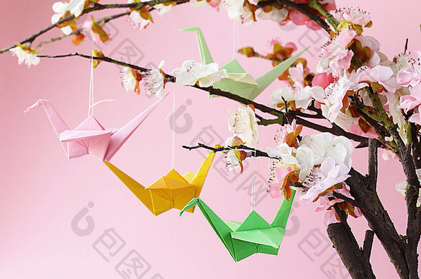 色彩斑斓的纸折纸鸟开花分支机构樱桃樱花