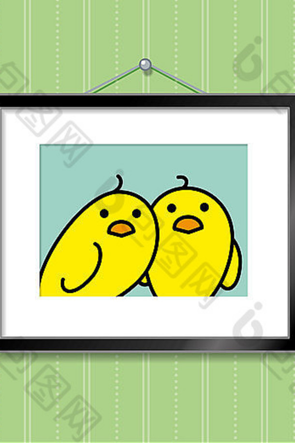 可爱的肖像夫妇黄色的小鸡图片框架挂绿色壁纸背景