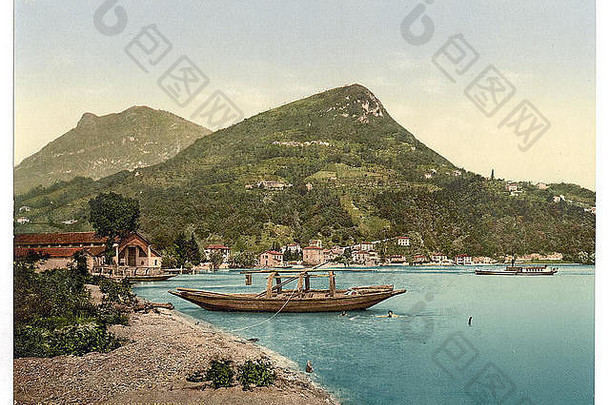 古董照片彩色景观特色港口小镇村湖海居住元素包括人船elemrnts