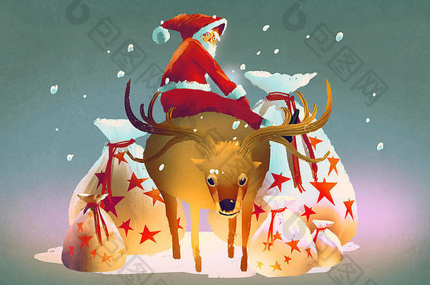 圣诞老人老人坐着驯鹿礼物袋插图绘画