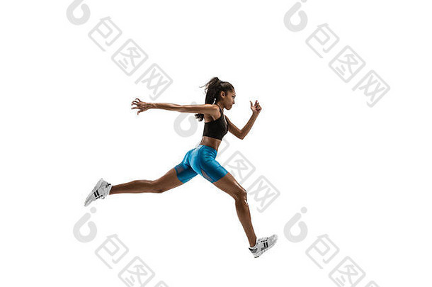 年轻的非洲女人运行孤立的白色工作室背景女跑步者慢跑者轮廓慢跑运动员