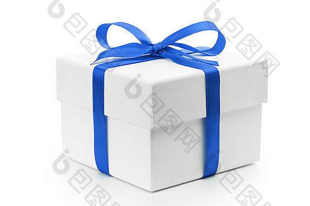 白色变形礼物盒子蓝色的丝带弓孤立的白色