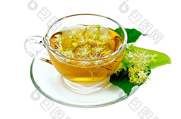 Herbal茶玻璃杯新鲜的林登花孤立的白色背景