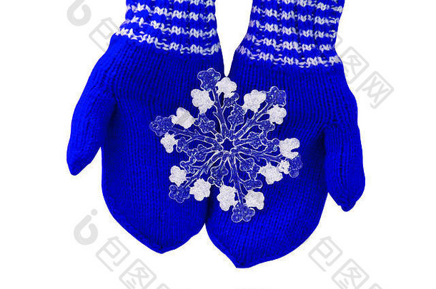 圣诞节概念蓝色的连指手套玩具雪花白色背景