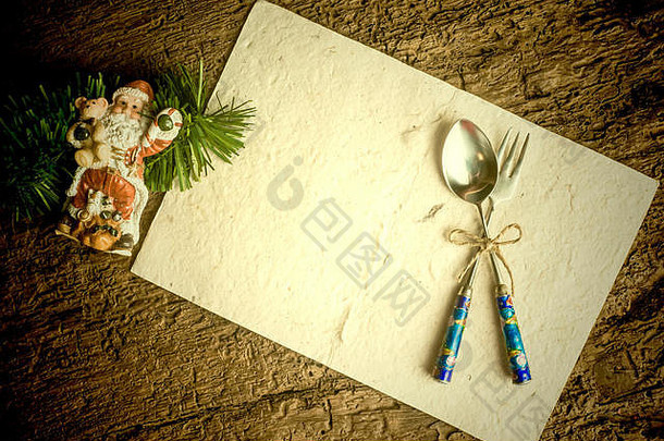 圣诞节菜单背景卡圣诞节装饰古董集餐具空纸羊皮纸乡村木表格