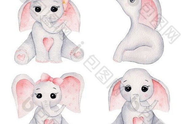 大象手画光栅插图集坐着动物女孩水彩作文包可爱的水瓶座婴儿大象弓