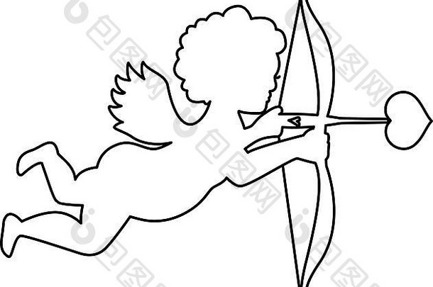 丘比特轮廓天使小天使弓心箭头孤立的线条图图像白色