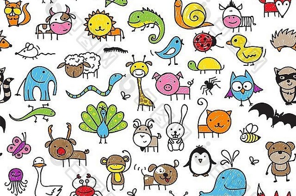 无缝的模式涂鸦动物孩子们的画风格