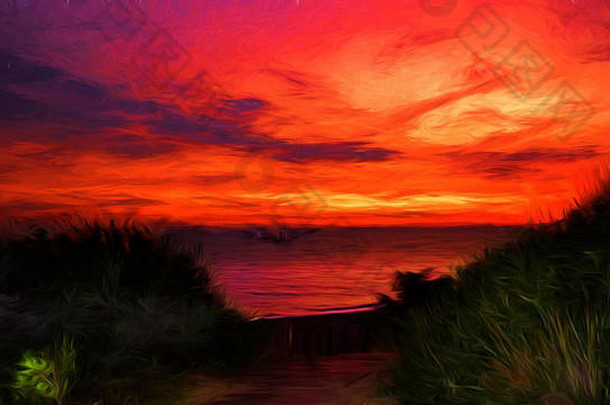日落天空海滩船海数字绘画