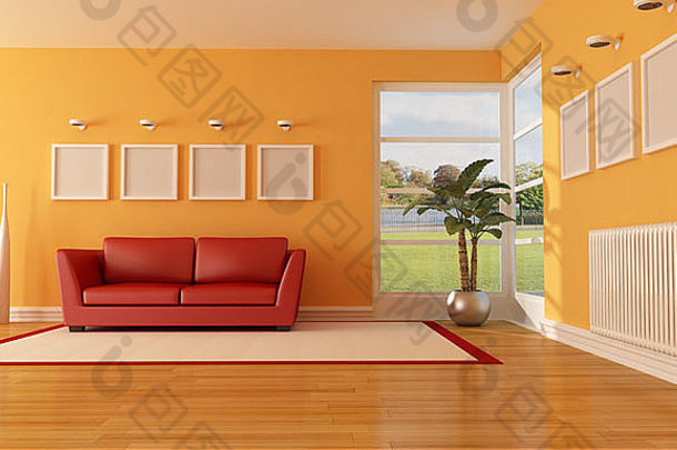 橙色红色的现代休息室沙发上radiator-rendering图像背景照片