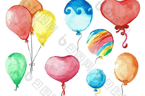 集集团气球字符串手画孤立的白色背景水彩