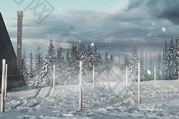 呈现人字形木小屋冬天风景路雪跟踪