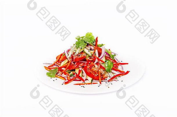 泛亚辣的沙拉红色的胡椒蔬菜芝麻种子白色板白色背景