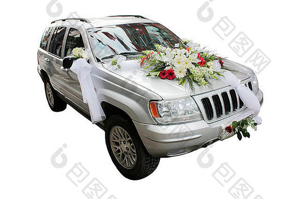 银婚礼装饰吉普车车孤立的白色