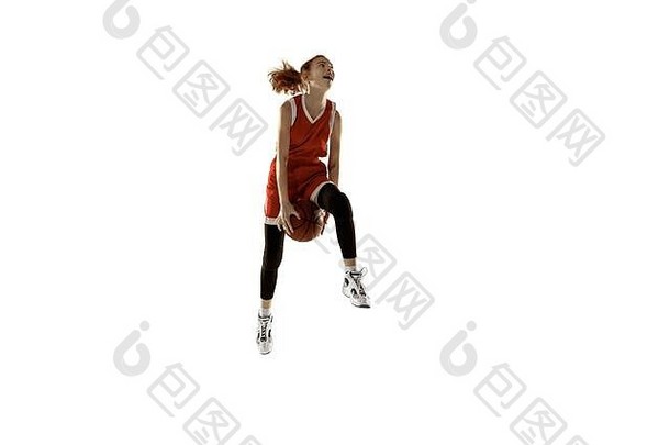 年轻的高加索人女<strong>篮球</strong>球员行动运动跳孤立的白色背景红发运动型女孩概念体育运动运动能源动态健康的生活方式<strong>培训</strong>