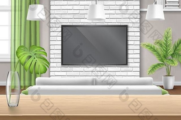 视图生活房间沙发木酒吧表格明亮的室内砖墙窗口绿色窗帘